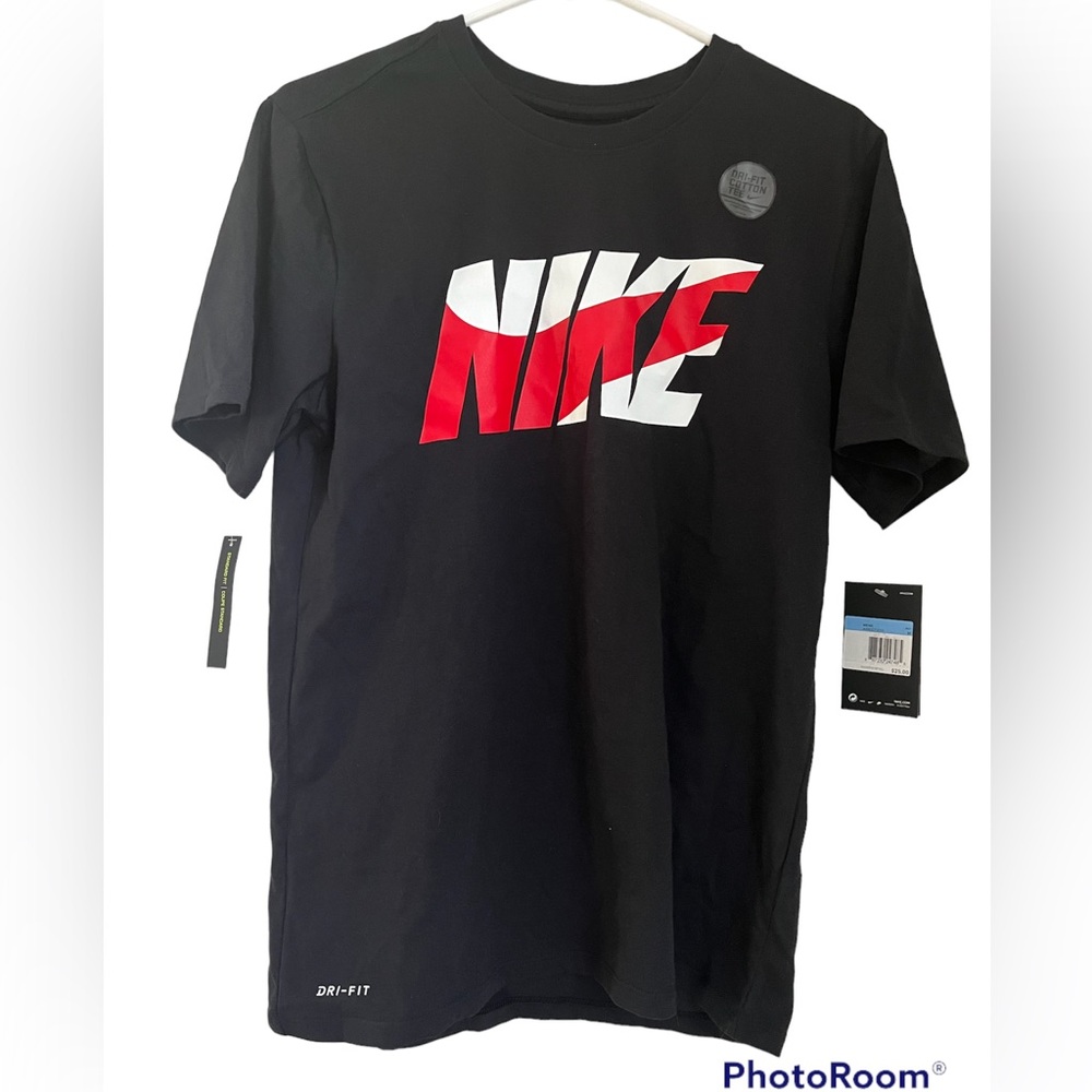 New Nike Mens Dri Fit Black TShirt with red and white Nike